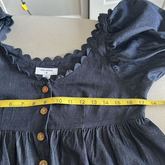 Kika Vargas x Target Puff Sleeve Peplum Top XS Navy Chambray Scalloped Neckline - Picture 7 of 10